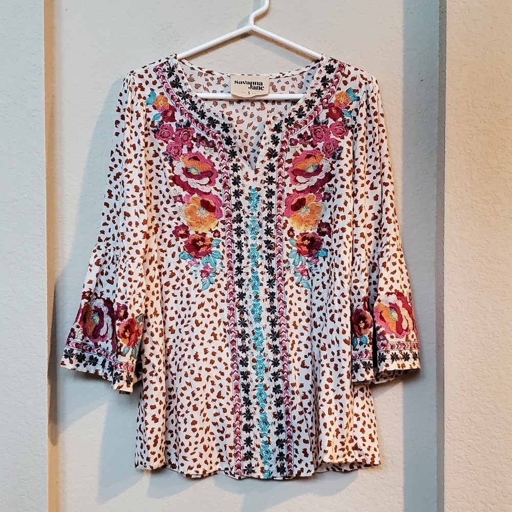 Savanna Jane Cheetah Blouse Floral Embroidery Size S